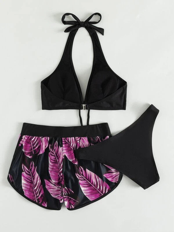 Trendy 3-Piece Stylish Leaf Print Bikini Combo