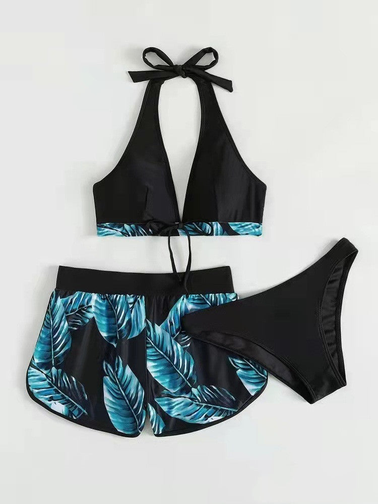 Trendy 3-Piece Stylish Leaf Print Bikini Combo