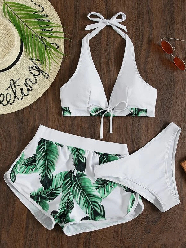 Trendy 3-Piece Stylish Leaf Print Bikini Combo