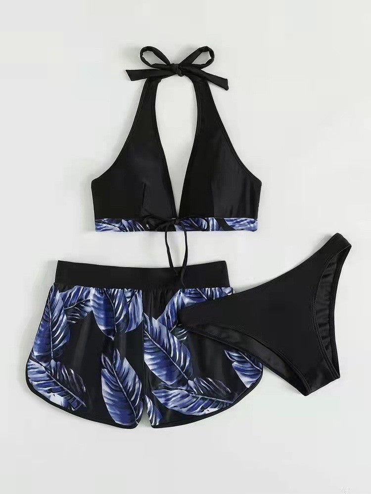 Trendy 3-Piece Stylish Leaf Print Bikini Combo