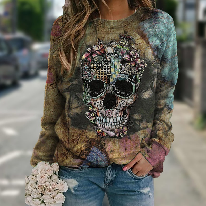 Trendy Long sleeve skull print sweatshirt