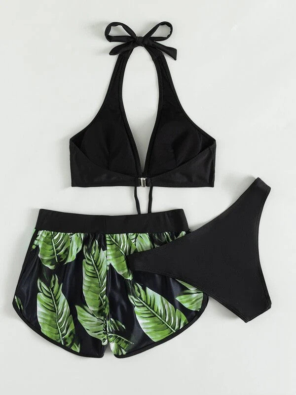 Trendy 3-Piece Stylish Leaf Print Bikini Combo