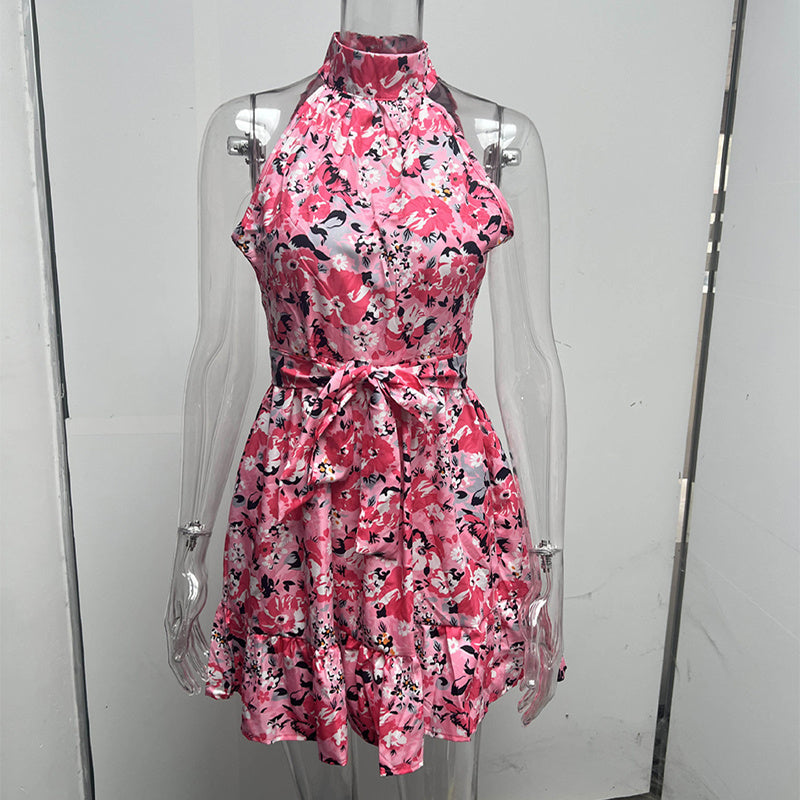 Fancy Flower Print Halterneck Dress