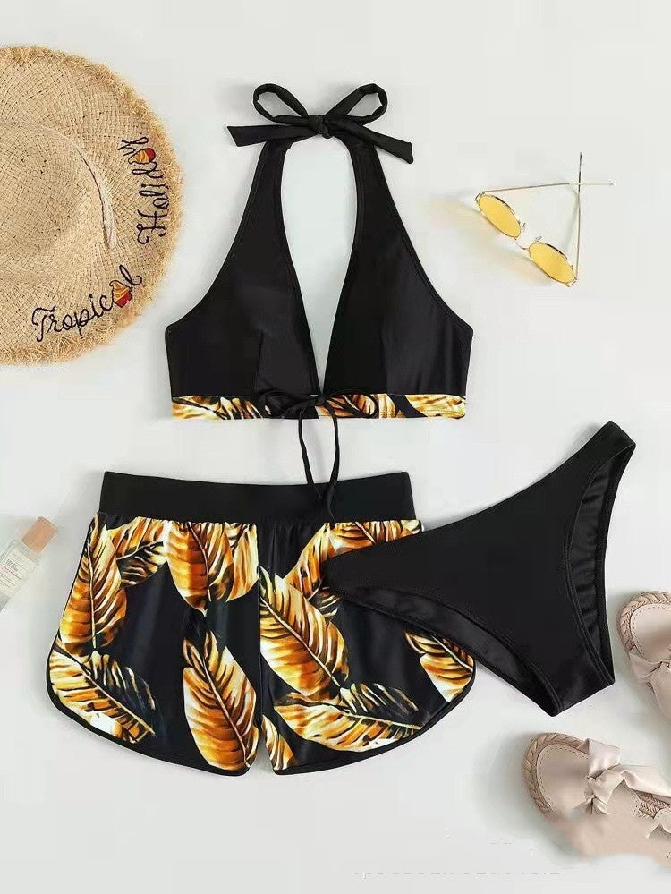 Trendy 3-Piece Stylish Leaf Print Bikini Combo