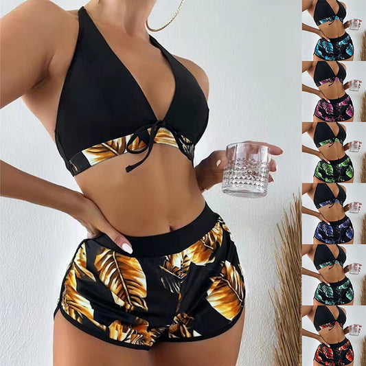 Trendy 3-Piece Stylish Leaf Print Bikini Combo